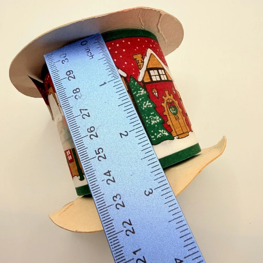 Lion Ribbon Village Christmas Red Winter Scene Fabric Ribbon 2.5